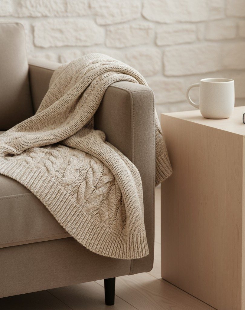 A close-up of a light brown or beige chair partially covered by a beige and chunky knitted throw blanket, with the right c...